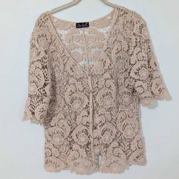 Vintage Y2K Open Crochet Short Sleeve Top Button Front Open Knit Beige Large L